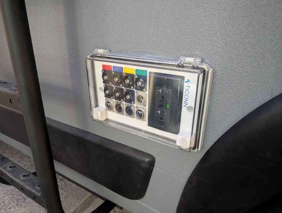 Weatherproof exterior connector panel with BNC, Neutrik, and GFCI power — Big Bear Camper Vans build